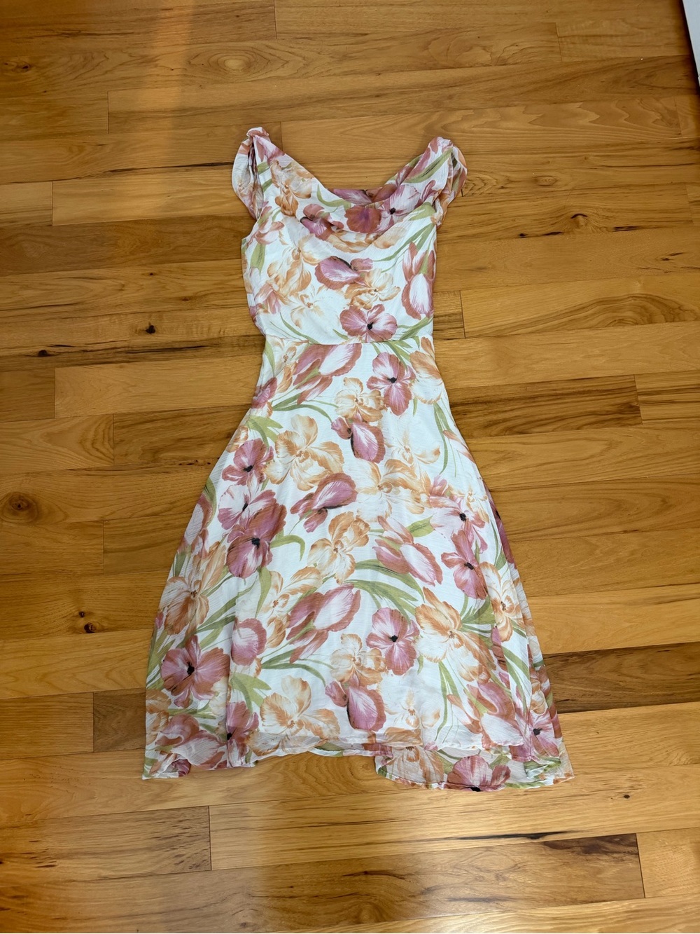 Pink and Orange Floral Cowl Neck Midi Dress Size S